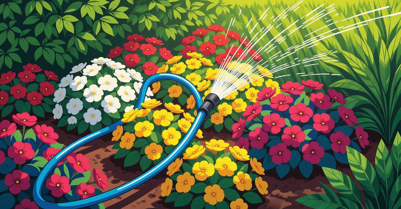 ソーカーホース設計図：花壇の360°開花給水レイアウト