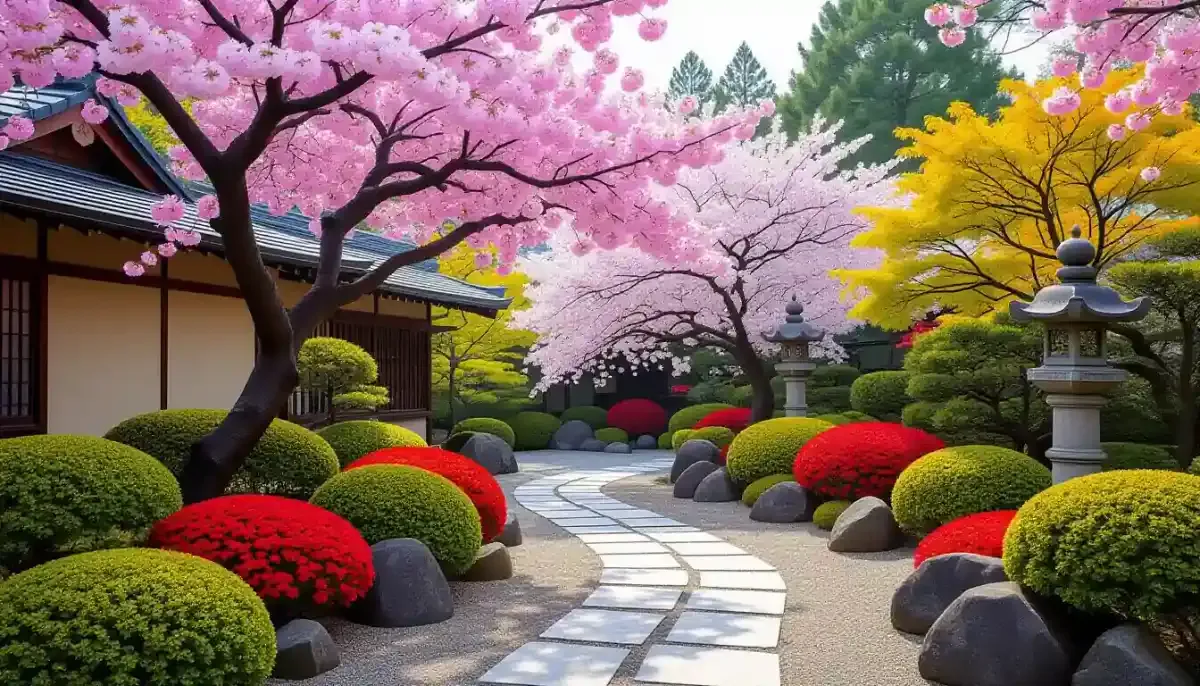 春夏秋冬の花が咲く庭木を配置した庭