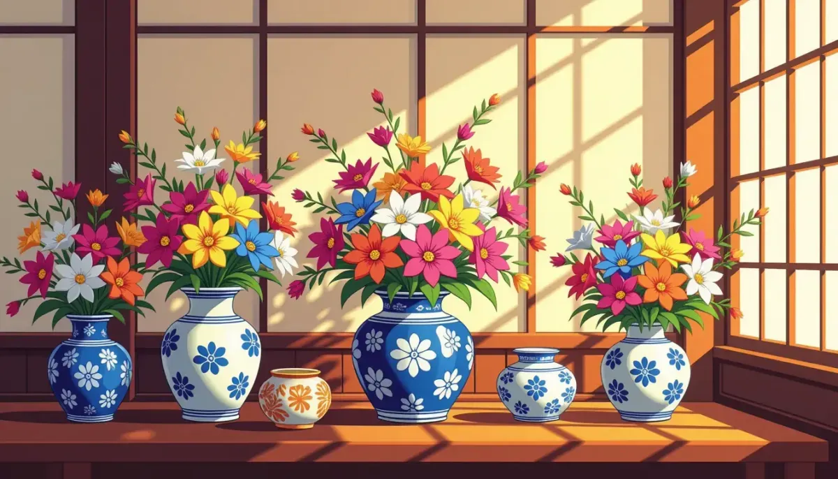 明るい玄関の棚に季節の生花を飾った花瓶