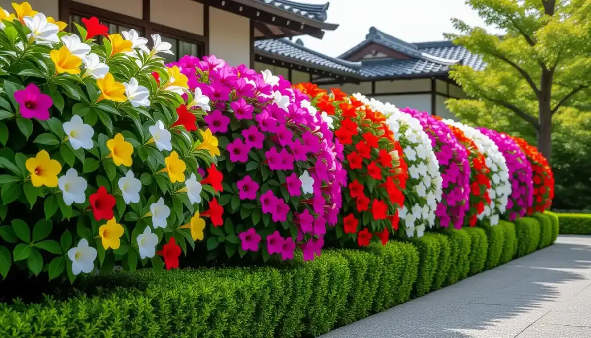白や桃色の花を咲かせながら住宅の道路側を目隠しする生垣