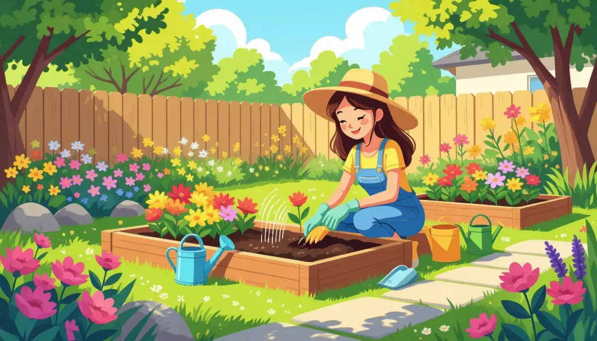 ベランダと庭で鉢植えの花を手入れする初心者のガーデニング風景