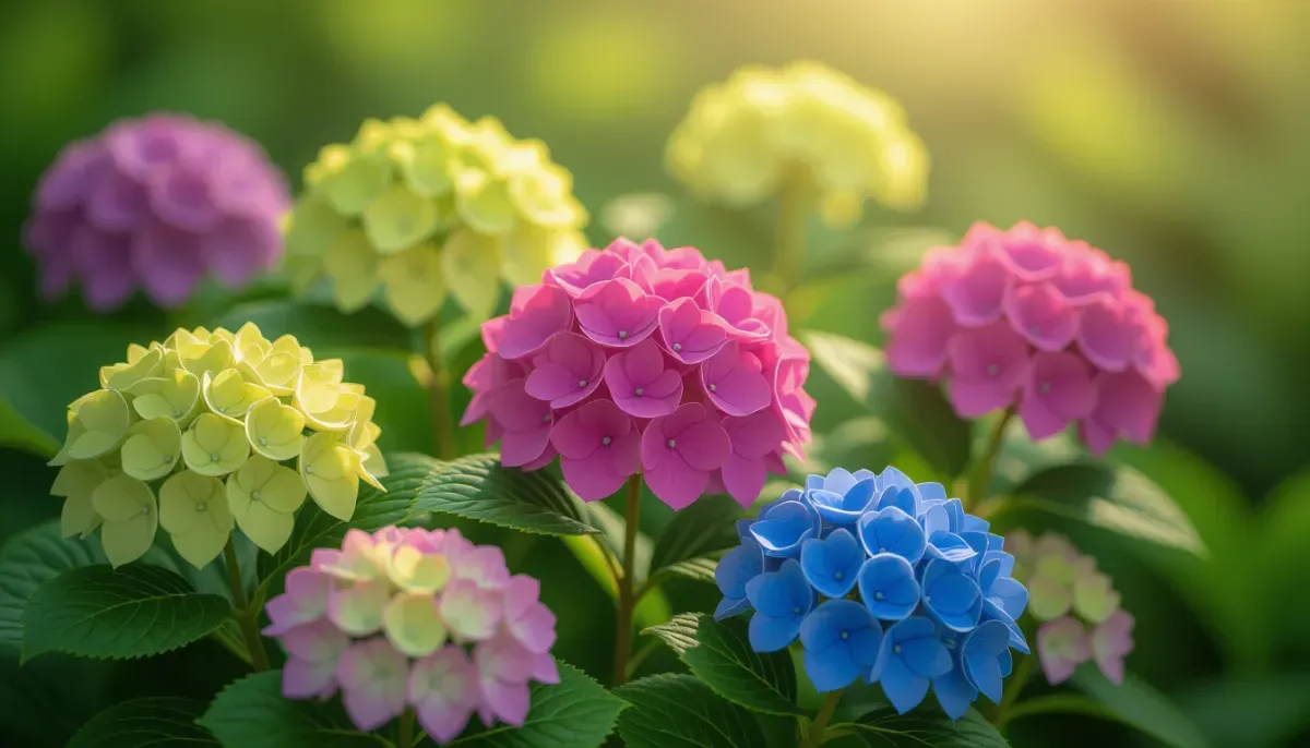 庭で青紫とピンクの花房を咲かせるアジサイ
